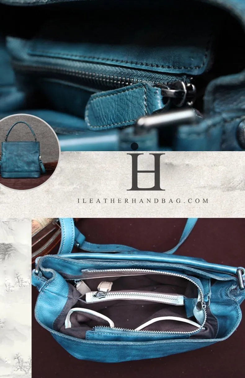 Vintage Women Blue Bucket Handbag Leather Brown Shoulder Barrel Bag Bucket Bag for Ladies
