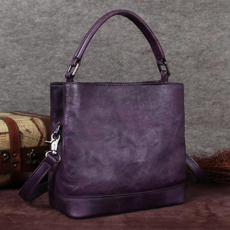 Vintage Women Blue Bucket Handbag Leather Brown Shoulder Barrel Bag Bucket Bag for Ladies