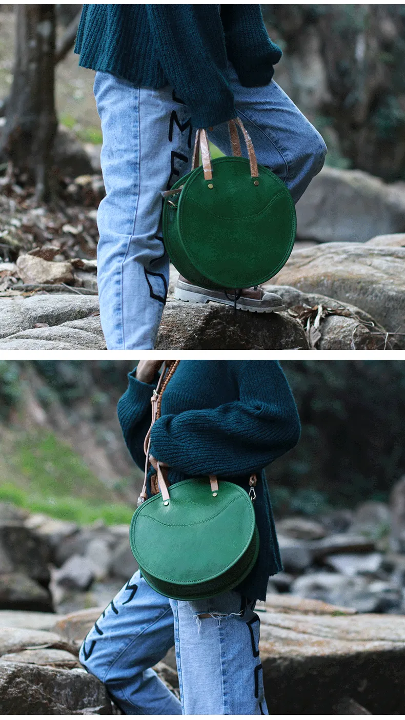 Vintage Womens Green Leather Round Handbag Purses Green Round Shoulder Bag Crossbody Purse for Women