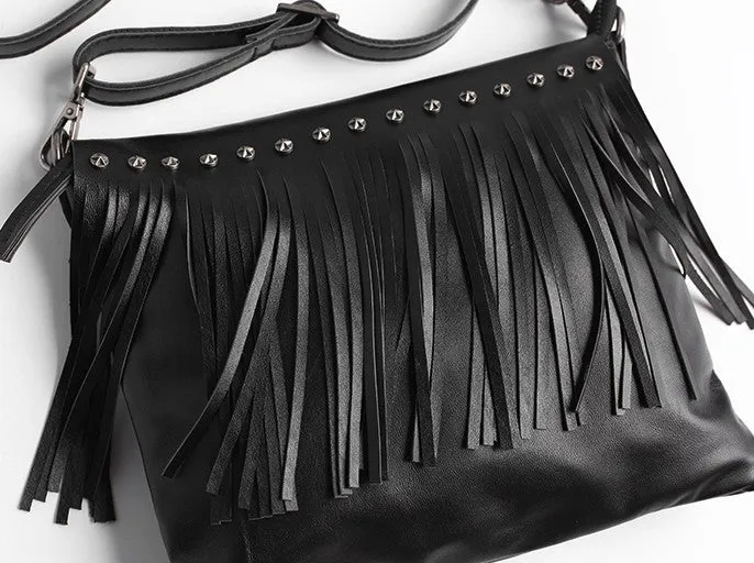Vintage WOMENs LEATHER Tassels Shoulder Bag Handmade Crossbody Purse With tassels