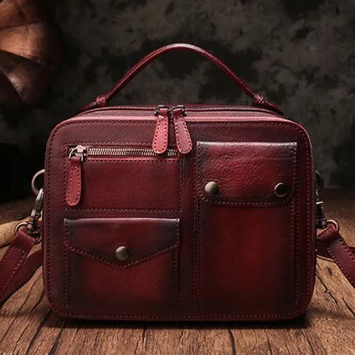 Vintage Womens Red Leather Satchel Shoulder Bag School Handbag Shoulder Purse for Girls