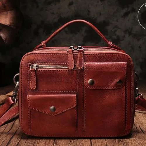 Vintage Womens Red Leather Satchel Shoulder Bag School Handbag Shoulder Purse for Girls