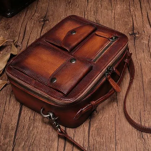 Vintage Womens Red Leather Satchel Shoulder Bag School Handbag Shoulder Purse for Girls