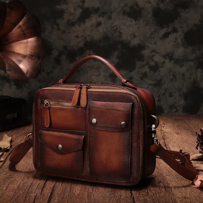 Vintage Womens Red Leather Satchel Shoulder Bag School Handbag Shoulder Purse for Girls