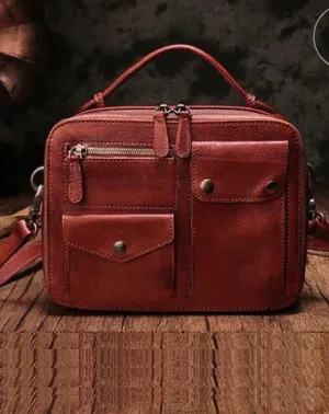 Vintage Womens Red Leather Satchel Shoulder Bag School Handbag Shoulder Purse for Girls