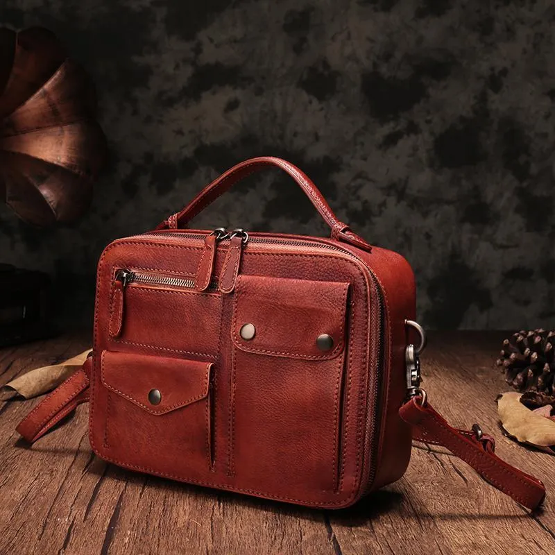 Vintage Womens Red Leather Satchel Shoulder Bag School Handbag Shoulder Purse for Girls