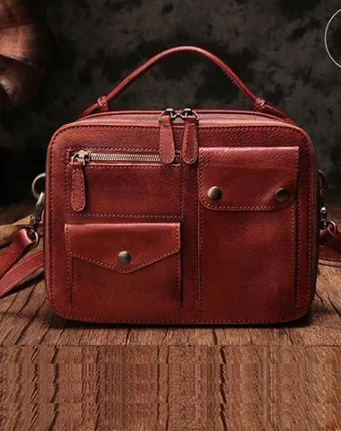 Vintage Womens Red Leather Satchel Shoulder Bag School Handbag Shoulder Purse for Girls