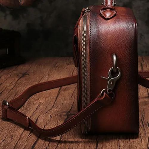 Vintage Womens Red Leather Satchel Shoulder Bag School Handbag Shoulder Purse for Girls