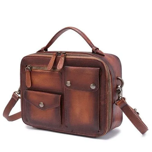Vintage Womens Red Leather Satchel Shoulder Bag School Handbag Shoulder Purse for Girls
