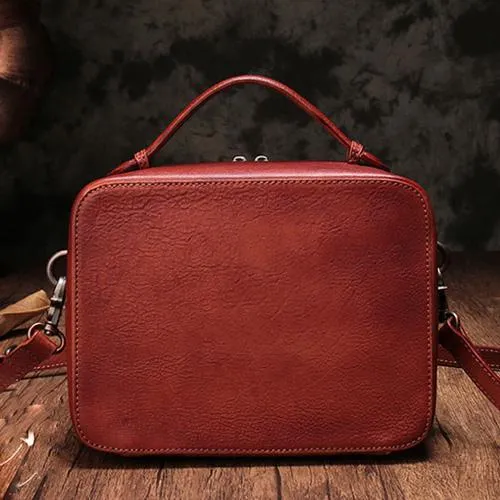 Vintage Womens Red Leather Satchel Shoulder Bag School Handbag Shoulder Purse for Girls