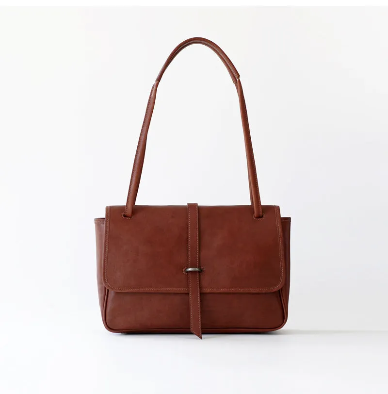 Womens Coffee Leather Shoulder Purse Vintage Flip Commuting Bag for Ladies