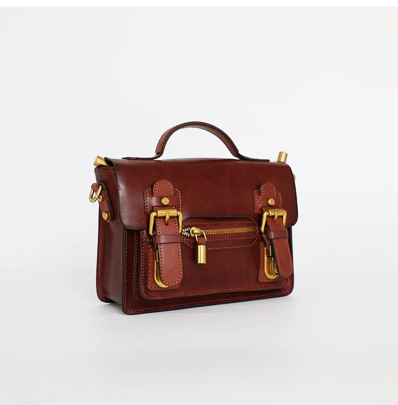 Womens Coffee Small Leather Satchel Crossbody Bag Vintage School Handbag Shoulder Bag for Ladies