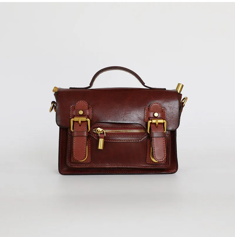Womens Coffee Small Leather Satchel Crossbody Bag Vintage School Handbag Shoulder Bag for Ladies