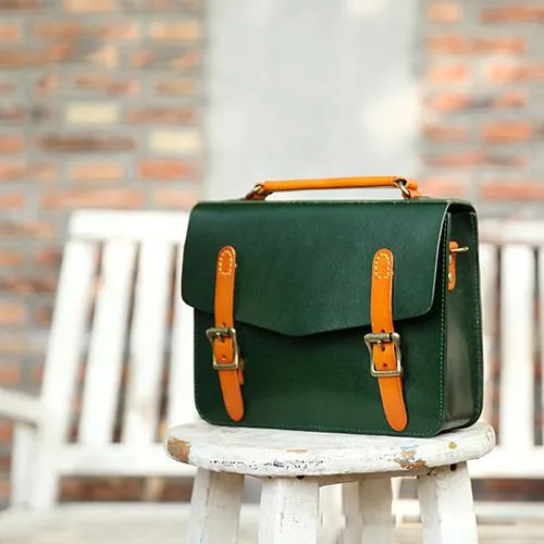Womens Handmade Green Leather Satchel Handbag Cambridge Structured Satchel Shoulder Purse