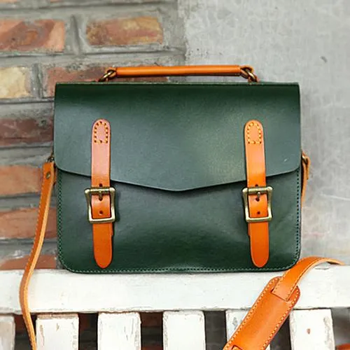 Womens Handmade Green Leather Satchel Handbag Cambridge Structured Satchel Shoulder Purse