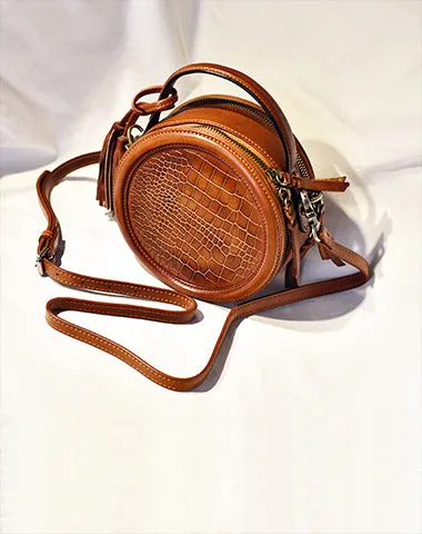 Womens Red Leather Round Crossbody Bag Crocodile Pattern Vintage Round Handbag Shoulder Bag for Women